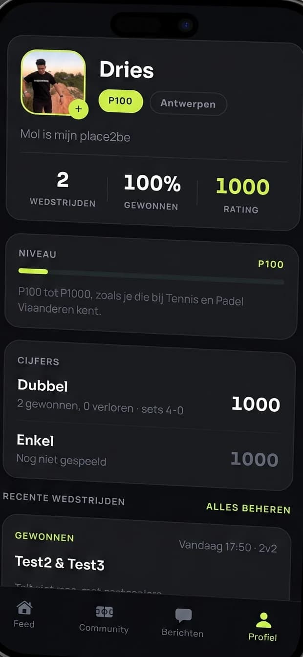 Het profiel in Paddix met rating, winstpercentage en recente wedstrijden